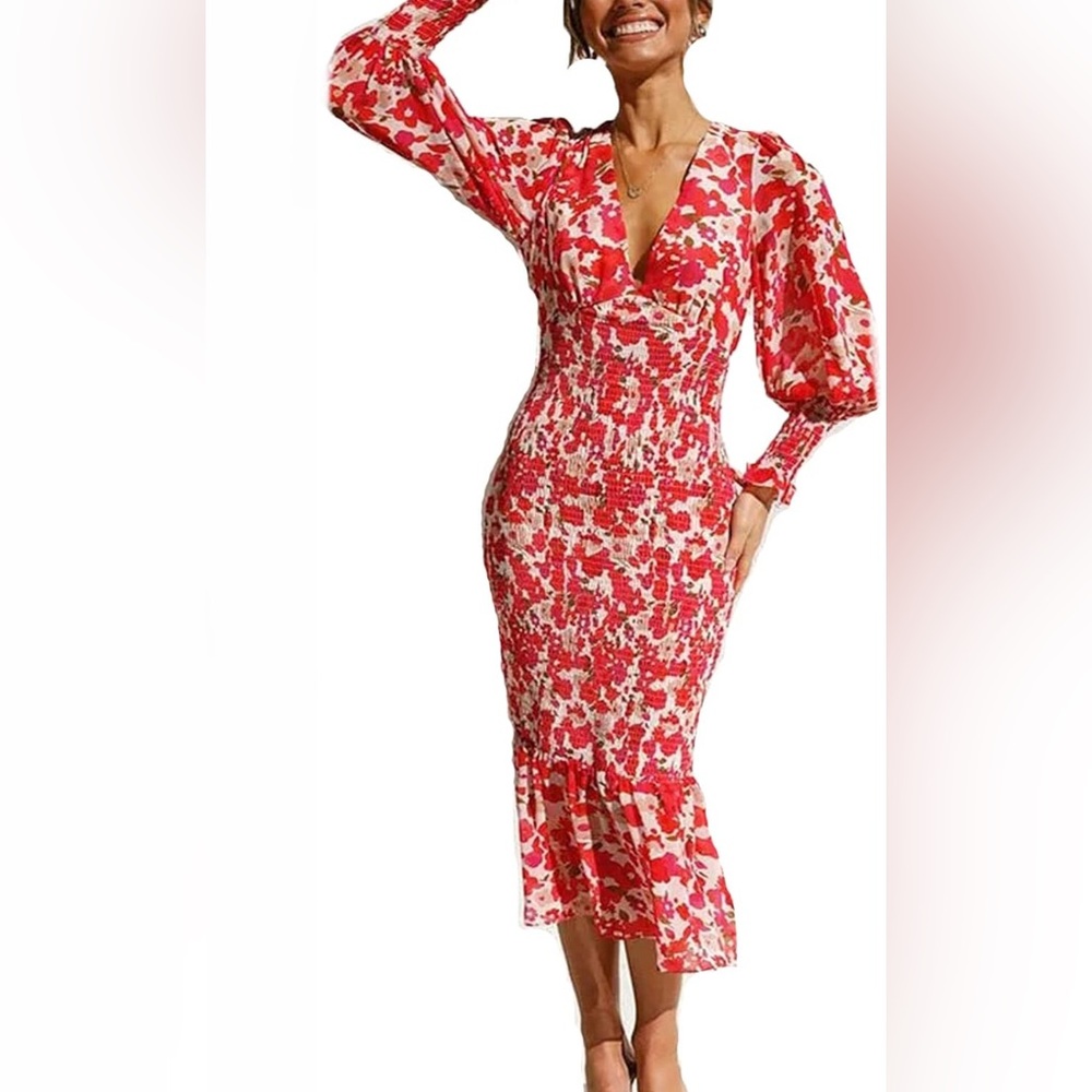 Vici Luxxel Floral Smocked Puffed Sleeve Orange Midi Dress Size Medium